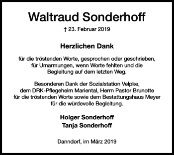 Traueranzeige von Waltraud Sonderhoff von Helmstedter Nachrichten