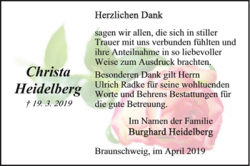 Traueranzeige von Christa Heidelberg von Braunschweiger Zeitung