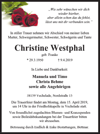 Traueranzeige von Christine Westphal von Peiner Nachrichten