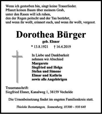 Traueranzeige von Dorothea Bürger von Braunschweiger Zeitung