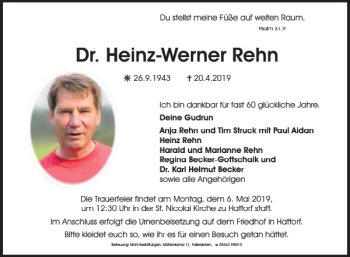 Traueranzeige von Dr. Heinz-Werner Rehn von Wolfsburger Nachrichten