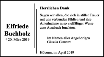 Traueranzeige von Elfriede Buchholz von Wolfenbütteler Zeitung