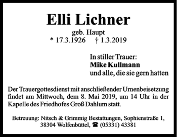 Traueranzeige von Elli Lichner von Wolfenbütteler Zeitung