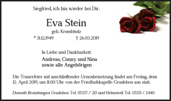 Traueranzeige von Eva Stein von Helmstedter Nachrichten
