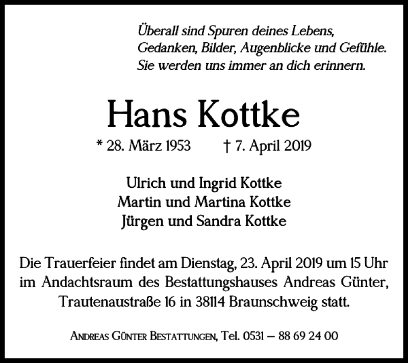  Traueranzeige für Hans Kottke vom 17.04.2019 aus Braunschweiger Zeitung