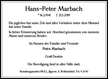 Traueranzeige von Hans-Peter Marbach von Wolfenbütteler Zeitung
