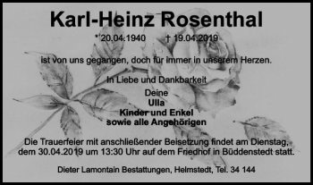 Traueranzeige von Karl-Heinz Rosenthal von Helmstedter Nachrichten