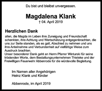 Traueranzeige von Magdalena Klank von Braunschweiger Zeitung