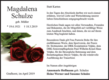 Traueranzeige von Magdalena Schulze von Helmstedter Nachrichten