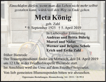 Traueranzeige von Meta König von Braunschweiger Zeitung