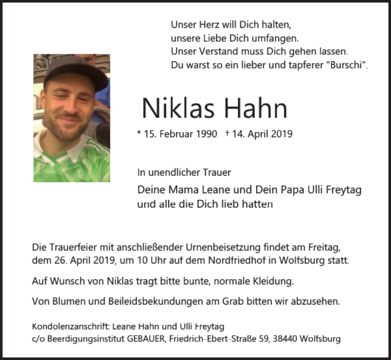  Traueranzeige für Niklas Hahn vom 18.04.2019 aus Wolfsburger Nachrichten