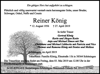 Traueranzeige von Reiner König von Helmstedter Nachrichten