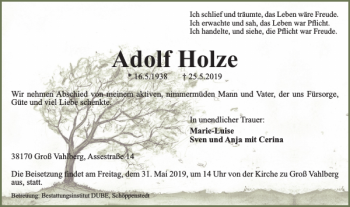 Traueranzeige von Adolf Holze von Wolfenbütteler Zeitung