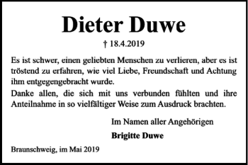 Traueranzeige von Dieter Duwe von Braunschweiger Zeitung