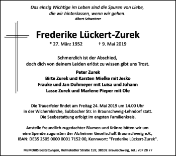 Traueranzeige von Frederike Lückert-Zurek von Braunschweiger Zeitung