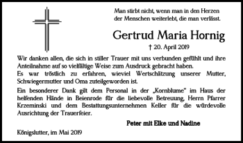 Traueranzeige von Gertrud Maria Hornig von Helmstedter Nachrichten