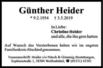 Traueranzeige von Günther Heider von Braunschweiger Zeitung