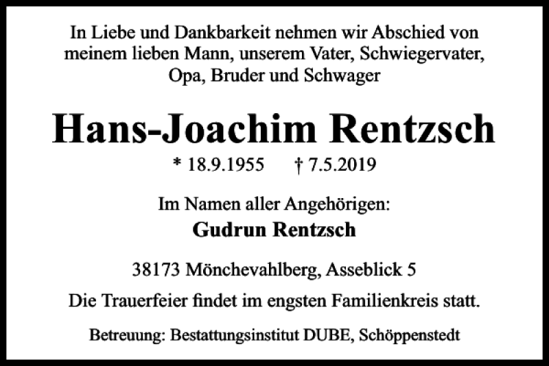  Traueranzeige für Hans-Joachim Rentzsch vom 11.05.2019 aus Wolfenbütteler Zeitung