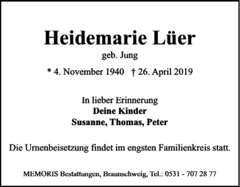 Traueranzeige von Heidemarie Lüer von Helmstedter Nachrichten