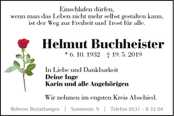 Traueranzeige von Helmut Buchheister von Braunschweiger Zeitung