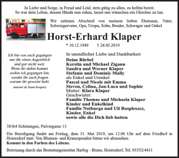 Traueranzeige von Horst-Erhard Klaper von Helmstedter Nachrichten