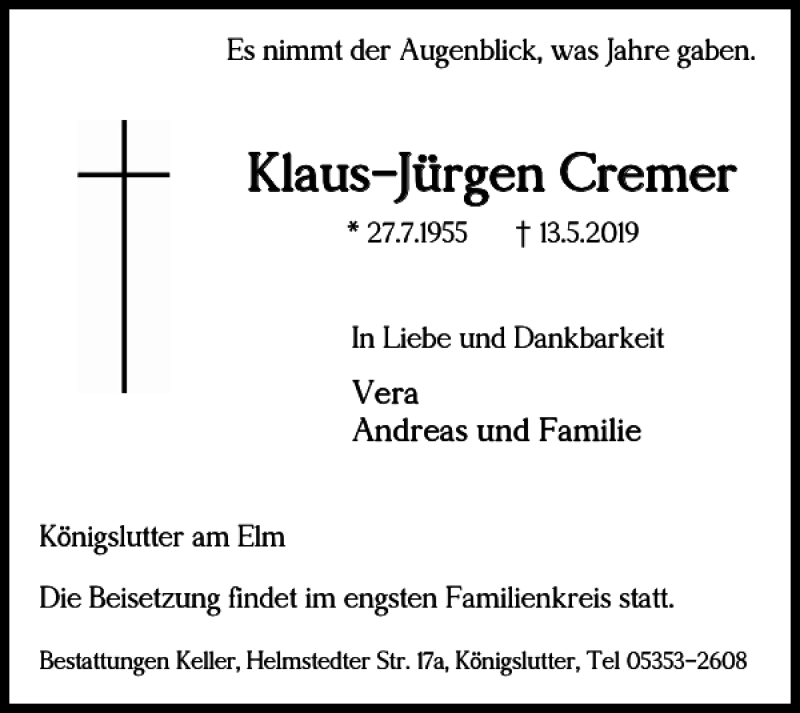  Traueranzeige für Klaus-Jürgen Cremer vom 17.05.2019 aus Helmstedter Nachrichten