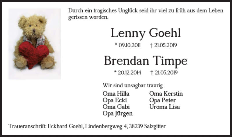 Traueranzeige für Lenny Goehl Brendan Timpe vom 28.05.2019 aus Salzgitter Zeitung