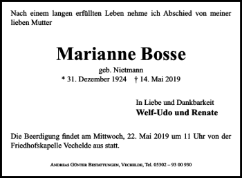 Traueranzeige von Marianne Bosse von Braunschweiger Zeitung