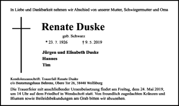 Traueranzeige von Renate Duske von Wolfsburger Nachrichten