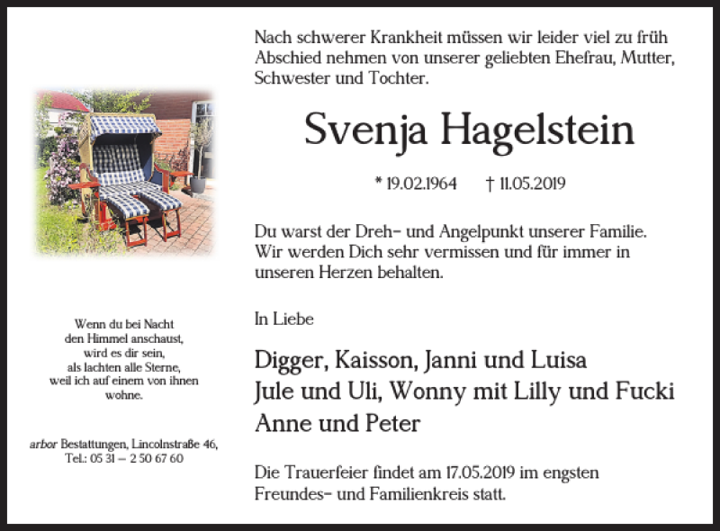  Traueranzeige für Svenja Hagelstein vom 17.05.2019 aus Braunschweiger Zeitung
