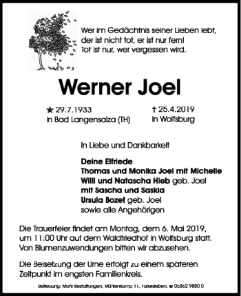 Traueranzeige von Werner Joel von Wolfsburger Nachrichten