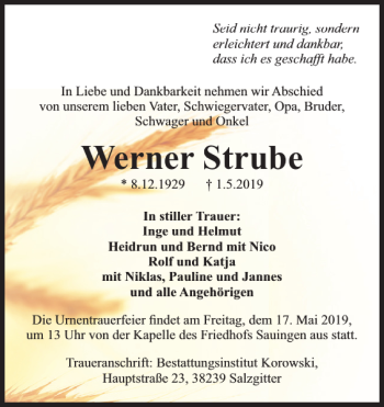 Traueranzeige von Werner Strube von Salzgitter Zeitung