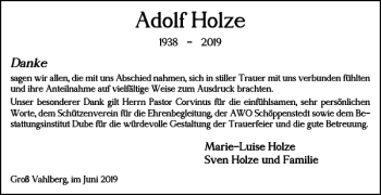 Traueranzeige von Adolf Holze von Wolfenbütteler Zeitung