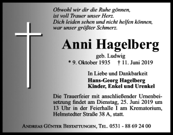 Traueranzeige von Anni Hagelberg von Braunschweiger Zeitung