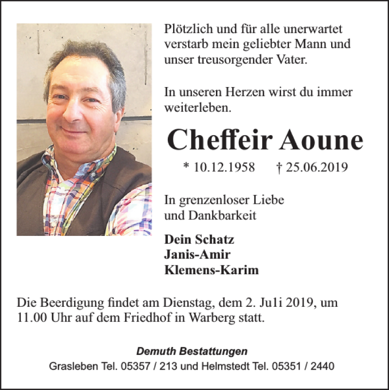  Traueranzeige für Cheffeir Aoune vom 28.06.2019 aus Helmstedter Nachrichten