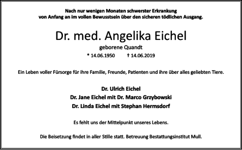  Traueranzeige für Dr. med. Angelika Eichel vom 22.06.2019 aus Wolfenbütteler Zeitung