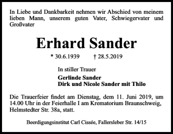 Traueranzeige von Erhard Sander von Braunschweiger Zeitung