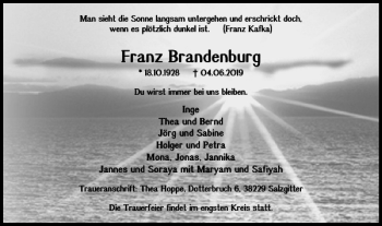 Traueranzeige von Franz Brandenburg von Salzgitter Zeitung