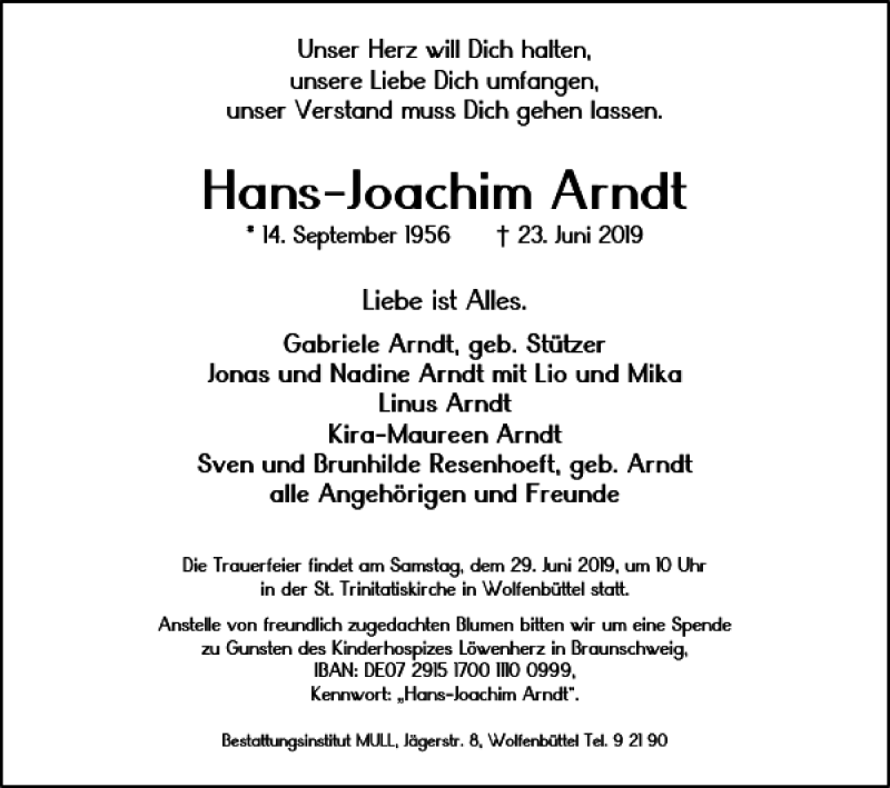  Traueranzeige für Hans-Joachim Arndt vom 26.06.2019 aus Braunschweiger Zeitung