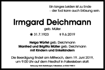 Traueranzeige von Irmgard Deichmann von Wolfsburger Nachrichten