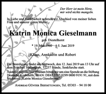Traueranzeige von Katrin Monica Gieselmann von Braunschweiger Zeitung