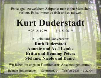 Traueranzeige von Kurt Duderstadt von Braunschweiger Zeitung