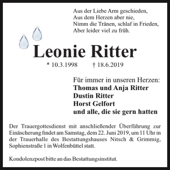 Traueranzeige von Leonie Ritter von Wolfenbütteler Zeitung