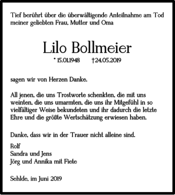 Traueranzeige von Lilo Bollmeier von Salzgitter Zeitung