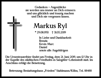 Traueranzeige von Markus Ryl von Salzgitter Zeitung