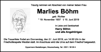 Traueranzeige von Marlies Böhm von Braunschweiger Zeitung