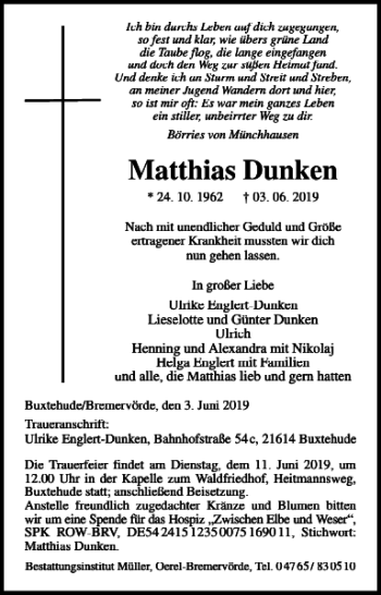 Traueranzeige von Matthias Dunken von Braunschweiger Zeitung
