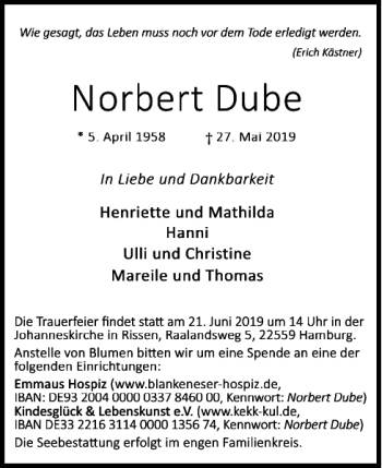 Traueranzeige von Norbert Dube von Helmstedter Nachrichten