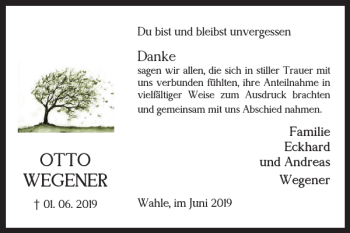 Traueranzeige von OTTO WEGENER von Peiner Nachrichten