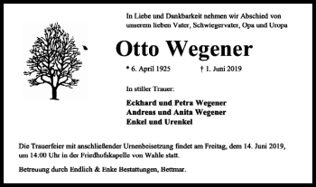 Traueranzeige von Otto Wegener von Peiner Nachrichten